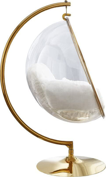 Designer Bubble Swing Chair with Gold Finished Stand, with Fluffy White Cushion