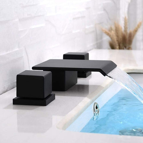 Bathroom Faucet Waterfall Style, Double Square Handles & Widespread, Bathroom Sink Faucet Solid Brass (Matte Black)