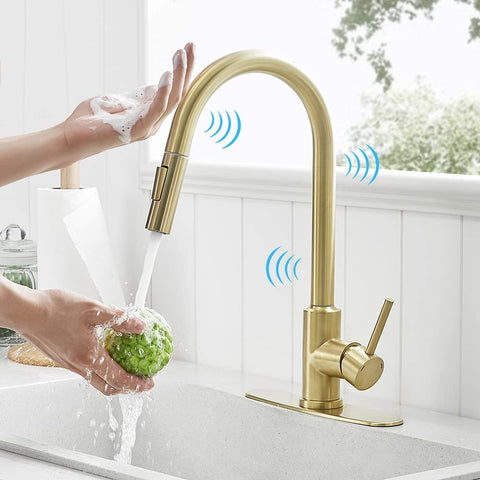 Brushed Gold Touch Stainless Steel Kitchen Faucets with Pull Down Sprayer, Single Handle Automatic Smart Kitchen Sink Faucet, Pull Out Sprayer