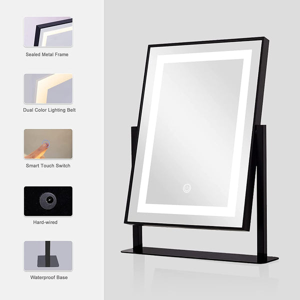 Vanity Mirror LED Lights, Makeup Desk Tabletop Mirror, Rectangle, 180° Rotation with Smart Touch Control Adjustable Brightness