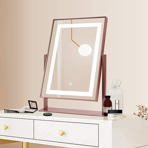 Vanity Mirror LED Lights, Makeup Desk Tabletop Mirror, Rectangle, 180° Rotation with Smart Touch Control Adjustable Brightness