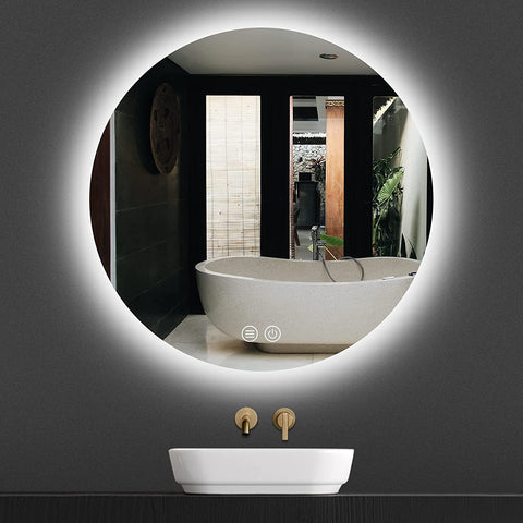 Round Backlit LED Vanity Bathroom Mirror, 24” Anti-Fog, Wall Mounted Dimmable Bathroom Mirror with Lights, LED Smart Mirror, Brightness Adjustable