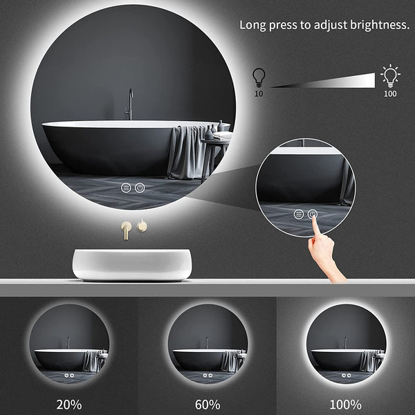 Round Backlit LED Vanity Bathroom Mirror, 24” Anti-Fog, Wall Mounted Dimmable Bathroom Mirror with Lights, LED Smart Mirror, Brightness Adjustable