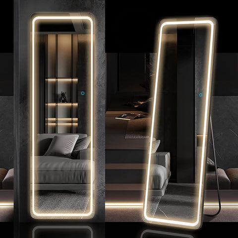 Full-Length Mirror LED Lights, Free Standing Floor, Wall Mounted Hanging Mirror, Lighted Vanity Body Mirror, Full-Size Tall Mirror
