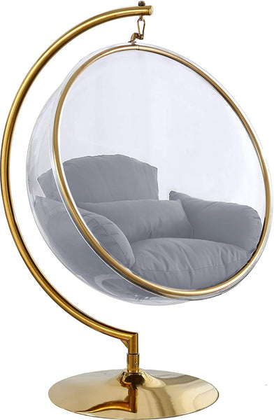 Designer Bubble Swing Chair, Gold Finished with Faux Gold or Silver Leather Cushion