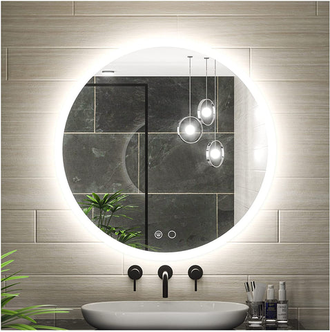 Round LED Vanity Bathroom Mirror, 24” Anti-Fog, Wall Mounted Dimmable Bathroom Mirror with Lights, LED Smart Mirror, Brightness Adjustable