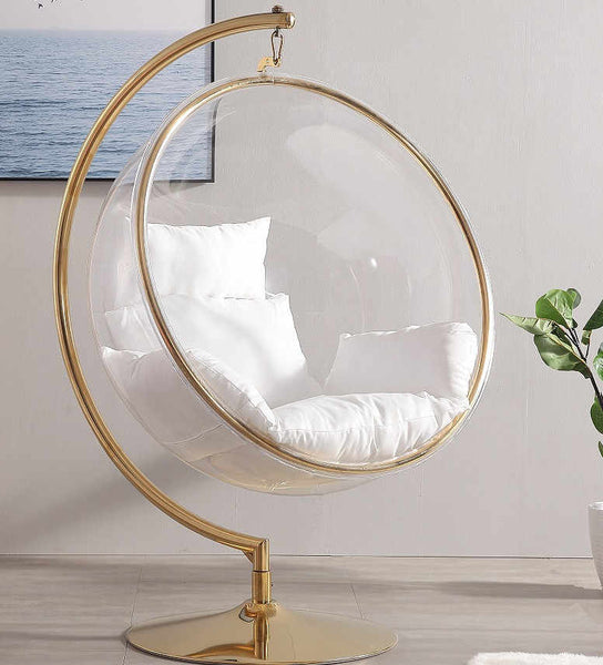 Designer Bubble Swing Chair, Gold Finished with Faux Gold or Silver Leather Cushion