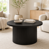 Mid-Century Modern Wood Coffee Table – Round Drum Center Table with Tambour Design