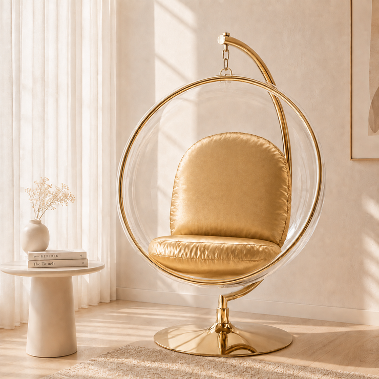Designer Bubble Swing Chair, Gold Finished with Faux Gold or Silver Leather Cushion