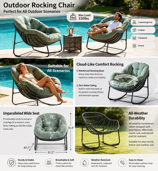 Outdoor Papasan Rocking Chair – Rattan Egg Lounge Chair with Cushion
