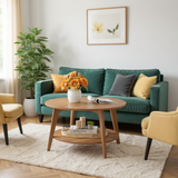 31.5-inch Round Coffee Table, Mid-Century Modern style with a Honey Brown wood finish and 2 tiers.