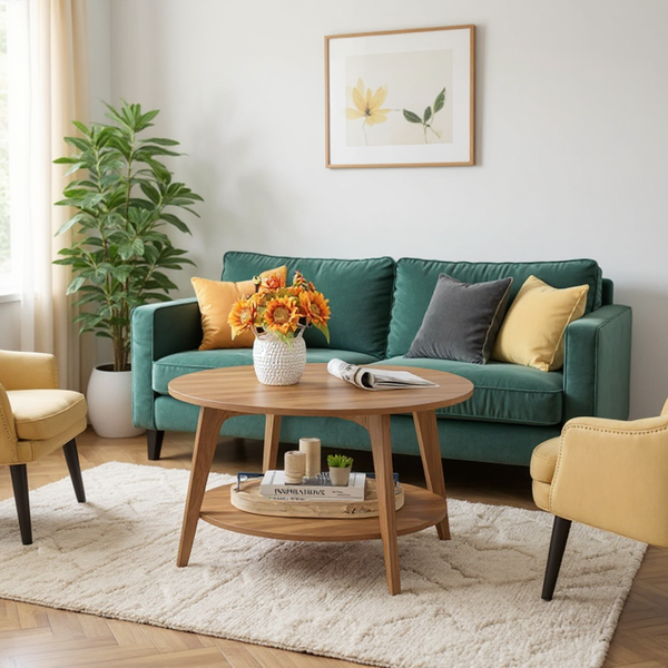 31.5-inch Round Coffee Table, Mid-Century Modern style with a Honey Brown wood finish and 2 tiers.