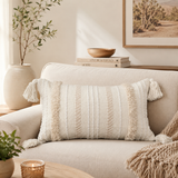 Modern Woven Pillow Cover – Tufted Lumbar Cushion with Tassels for Boho Home Décor
