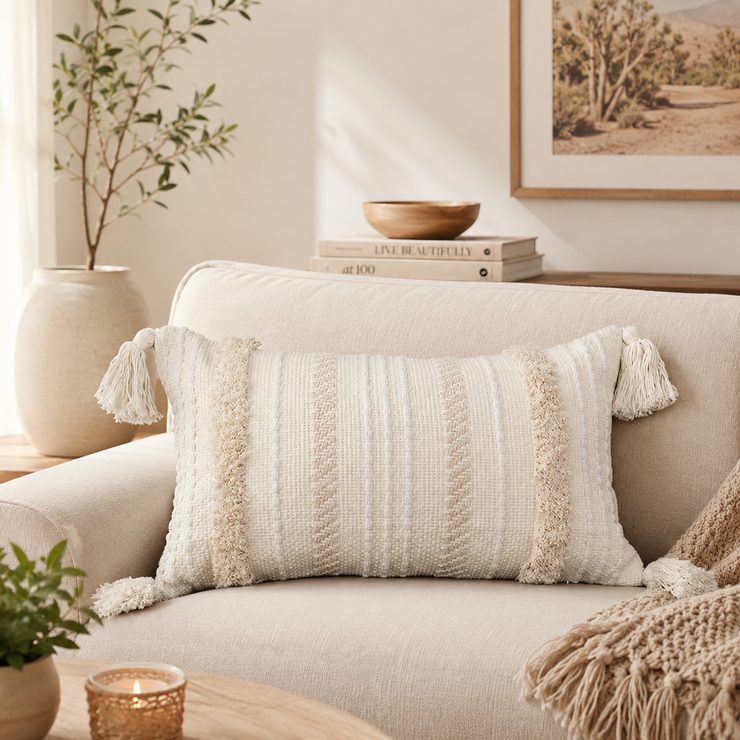 Modern Woven Pillow Cover – Tufted Lumbar Cushion with Tassels for Boho Home Décor