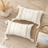 Modern Woven Pillow Cover – Tufted Lumbar Cushion with Tassels for Boho Home Décor