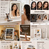 Hollywood Vanity Mirror with LED Lights – 18" x 13" Makeup Mirror with 3 Color Modes, Smart Touch Control & 360° Rotation