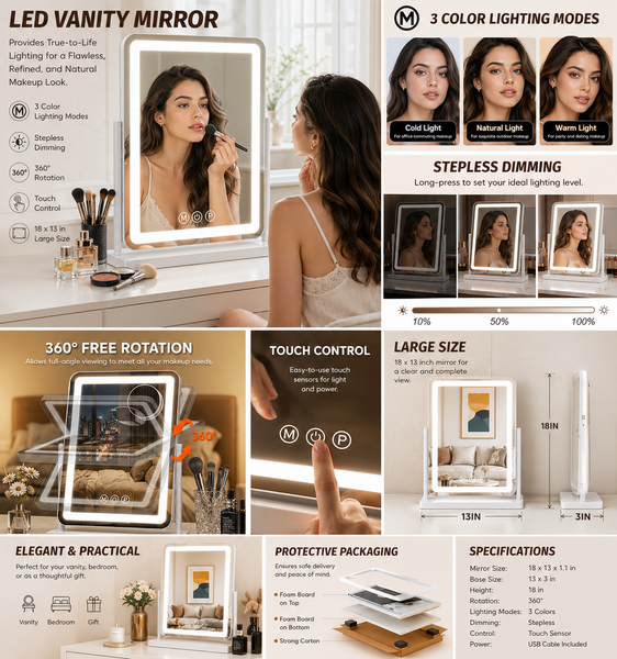 Hollywood Vanity Mirror with LED Lights – 18" x 13" Makeup Mirror with 3 Color Modes, Smart Touch Control & 360° Rotation