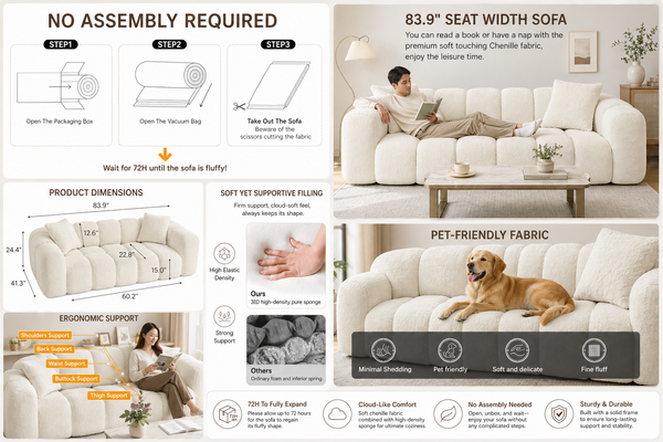 84" Cloud Sofa – Oversized Deep Seat Upholstered Couch, No-Assembly Compressed 3-Seater for Living Room & Bedroom
