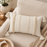 Modern Woven Pillow Cover – Tufted Lumbar Cushion with Tassels for Boho Home Décor