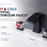 Polished Gold Waterfall Bathroom Sink Faucet, 3-Hole Widespread Deck Mount Faucet with Crystal Handles, Modern 2-Handle Lavatory Faucet for Vanity Sink