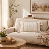 Modern Woven Pillow Cover – Tufted Lumbar Cushion with Tassels for Boho Home Décor