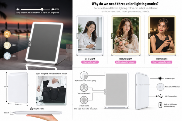 LED Lighted Travel Vanity Makeup Mirror | 3 Color Light, Small & Compact, Portable, Lighted, Rechargeable, Illuminated Mirror