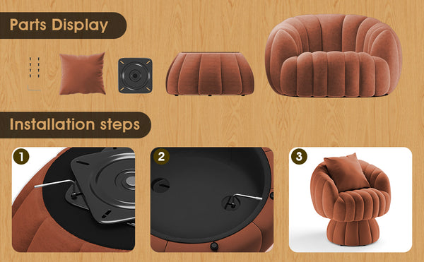 Fluffy Velvet Barrel Swivel Chair | Wide Upholstered Lounge Chair (Burnt Orange)