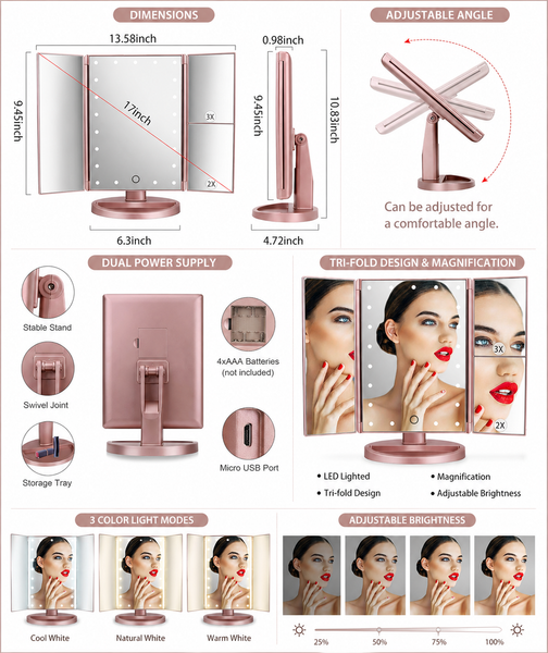 Tri-Fold LED Vanity Mirror – Touch Control Makeup Mirror with Adjustable Lighting & Multi-Magnification Panels