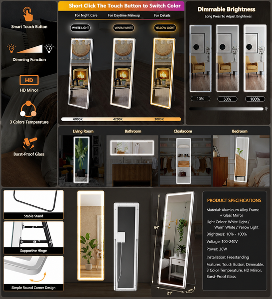 LED Full Length Mirror – Dimmable Floor Mirror with 3 Color Lighting for Bedroom & Dressing Room