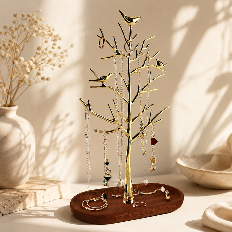 Modern Jewelry Organizer – Tree-Style Jewelry Stand with Storage Tray for Rings, Earrings & Necklaces