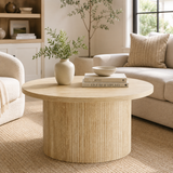 Mid-Century Modern Wood Coffee Table – Round Drum Center Table with Tambour Design