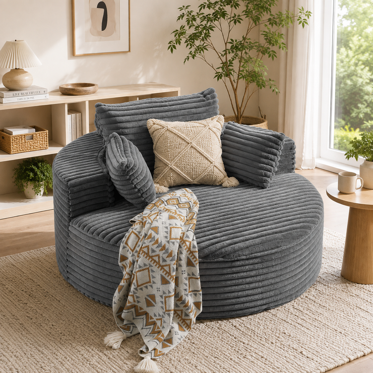 Modern Corduroy Round Chaise Lounge – Upholstered Deep Seat Cloud Chair with Oversized Floor Design