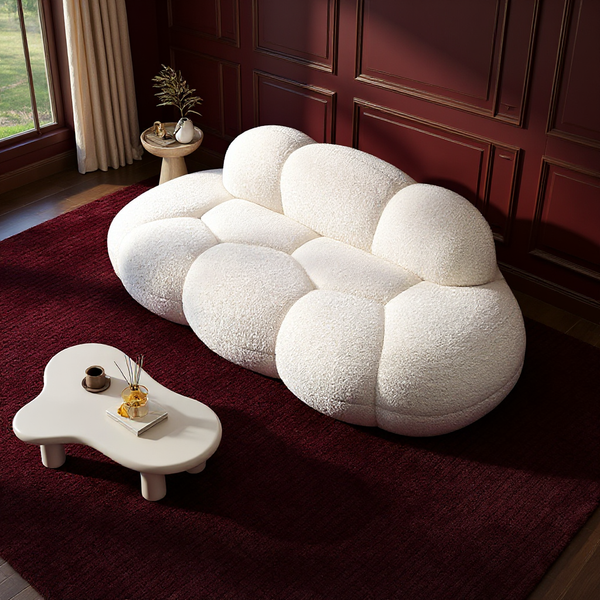 Space-saving armless white cloud sofa (63 inches wide). Perfect minimalist couch for apartments or cozy living areas.