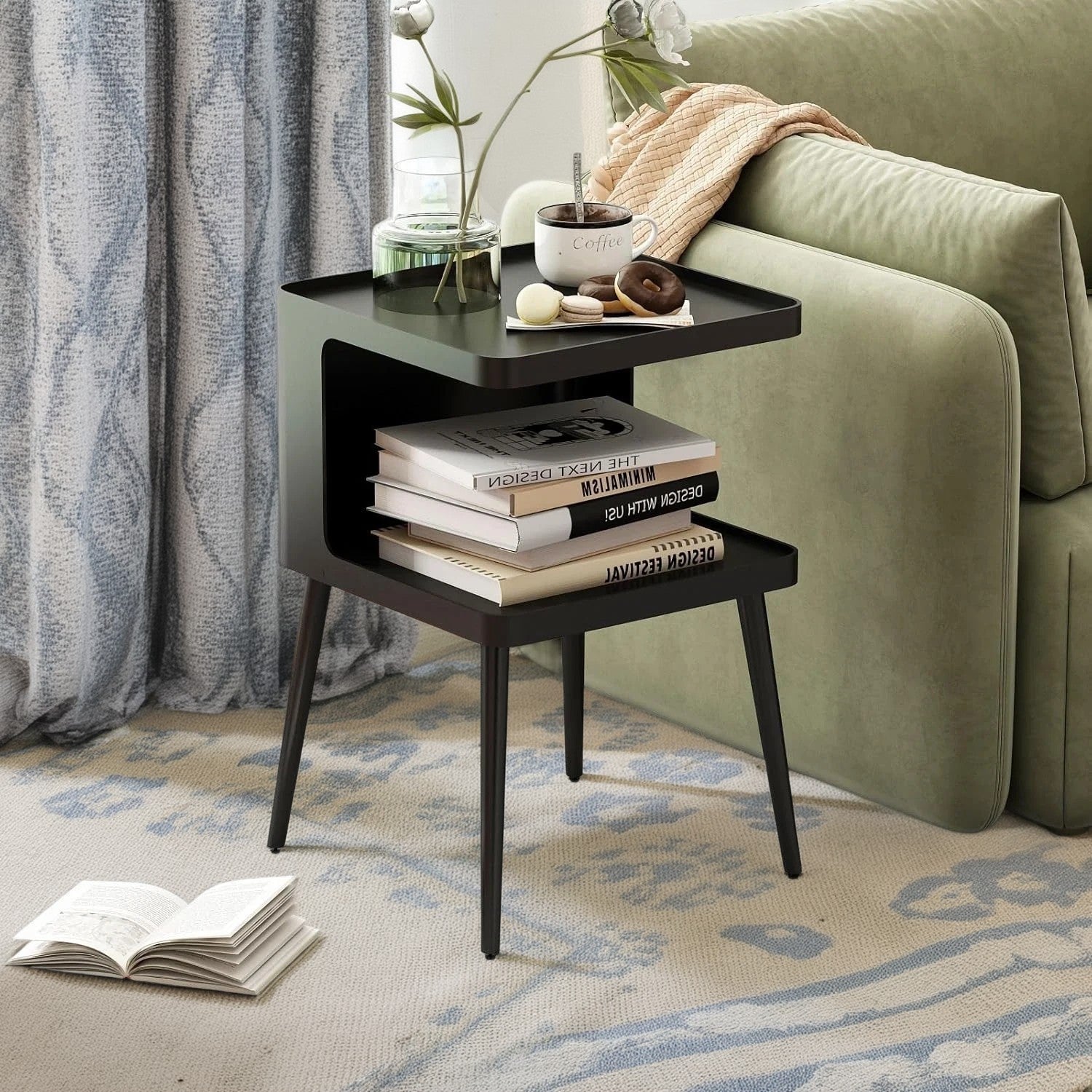 Modern Black Metal Side Table, 13.7" square top with 2 tiers for storage, perfect for bedrooms or patios.