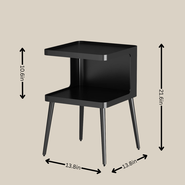 Modern Black Nightstand with metal frame and 2 storage tiers. Ideal size (13.7" D/W) for small bedroom spaces.