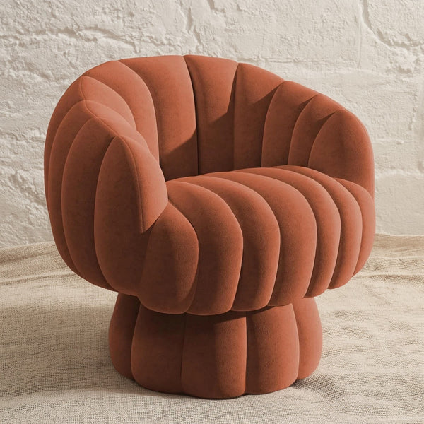 Mid-Century Modern style 360° Swivel Accent Chair in Burnt Orange velvet, ideal for the living room.