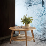 Round center table placed in a styled living room, showcasing its size and Honey Brown color against a sofa.