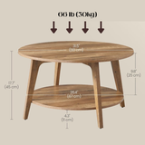 Round center table placed in a styled living room, showcasing its size and Honey Brown color against a sofa.