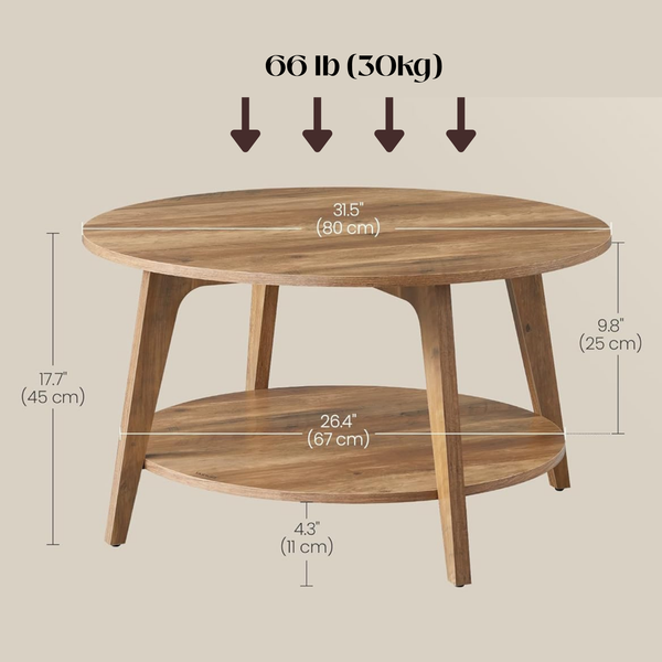 Round center table placed in a styled living room, showcasing its size and Honey Brown color against a sofa.