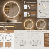 24" Round LED Bathroom Mirror – Backlit Anti-Fog Vanity Mirror with Stepless Dimming & 3 Color Lighting Modes