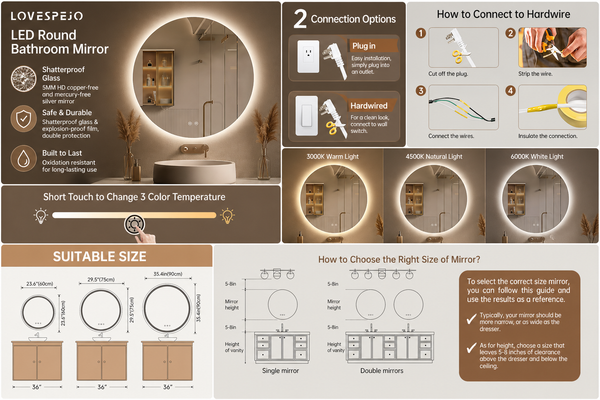 24" Round LED Bathroom Mirror – Backlit Anti-Fog Vanity Mirror with Stepless Dimming & 3 Color Lighting Modes