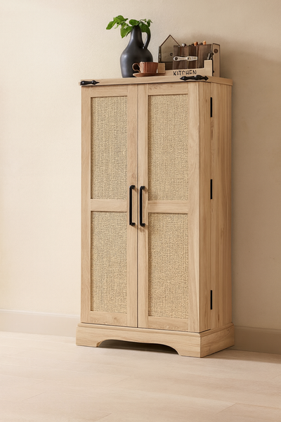 Natural Rattan Storage Cabinet with Adjustable Shelves – Kitchen Pantry & Multi‑Room Organizer