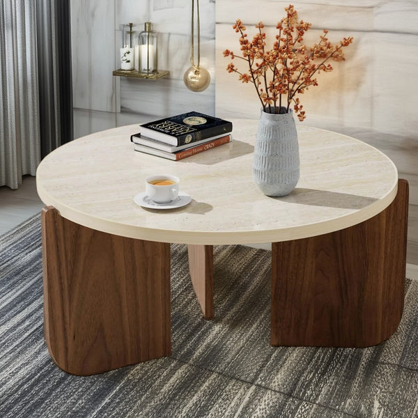 Detailed view of the Beige Faux Travertine stone texture and organic pattern on the tabletop.