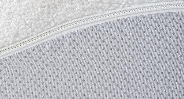 Extreme close-up of the plush, soft Sherpa fleece texture and tufted backing of the white Cloud Sofa.