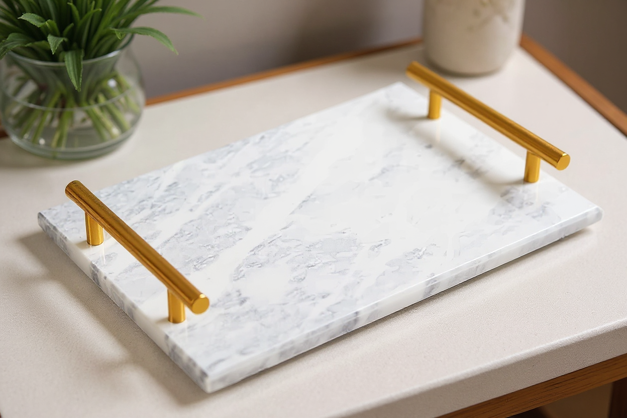 Decorative Tray, Gold Metal Handle with Genuine Marble, Handmade Vanity Tray, Perfume Cosmetic Tray for Dresser Bathroom Vanity Table