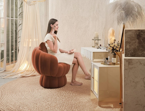 Detail of the fluffy velvet fabric, showing the included lumbar pillow for back support and skin-friendly texture.