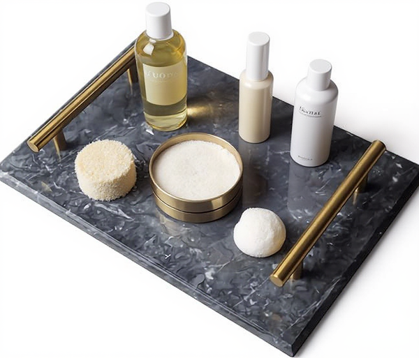 Decorative Tray, Gold Metal Handle with Genuine Marble, Handmade Vanity Tray, Perfume Cosmetic Tray for Dresser Bathroom Vanity Table