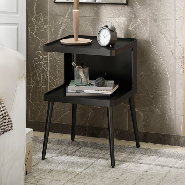 View highlighting the 2-tier open storage design, showing capacity for books, remotes, and small items.