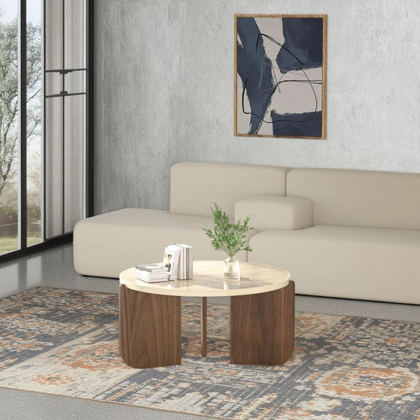 28-inch round coffee table styled in a bright, minimalist living room, highlighting its aesthetic appeal.
