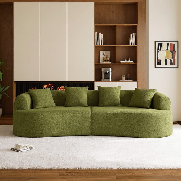 No assembly needed graphic: showing the compressed sofa unboxing process and 48-72 hour shape recovery time.